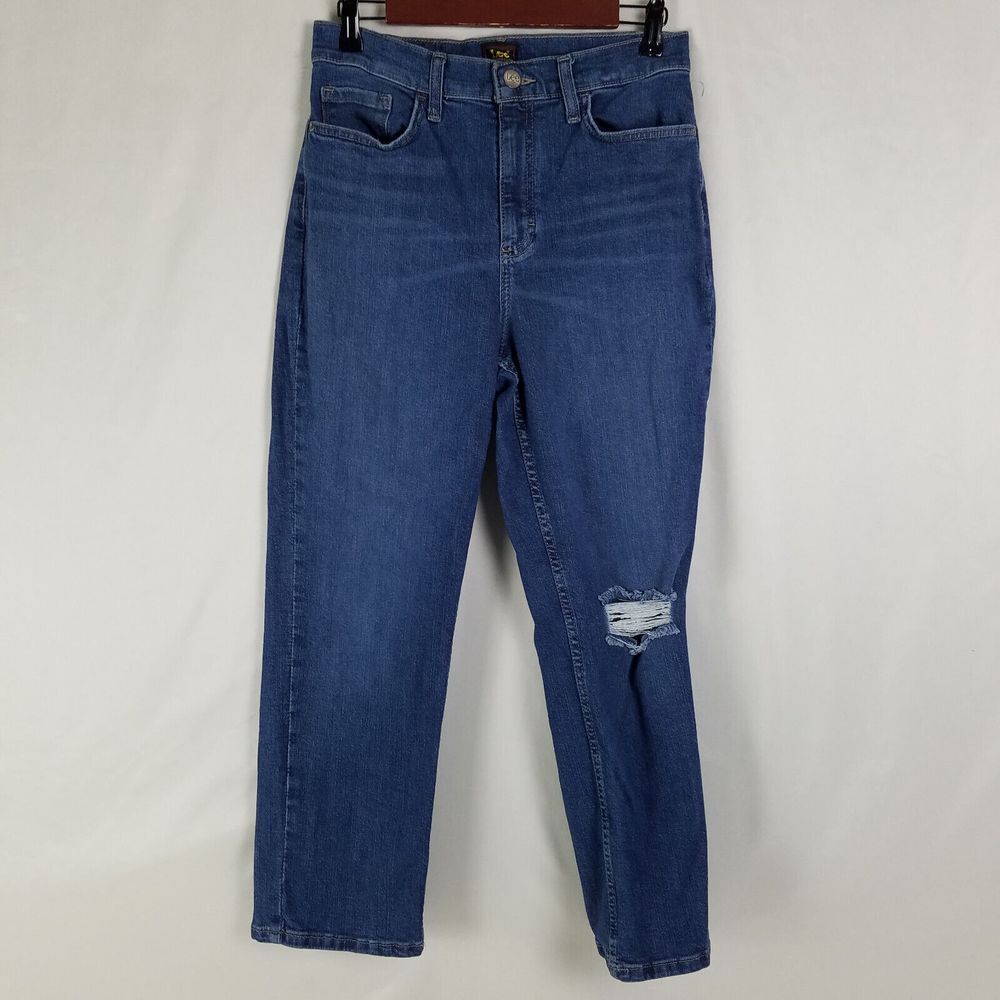 Lee Jeans Womens 8 Blue High Rise Boyfriend Distressed Medium Wash Denim 28x25.5